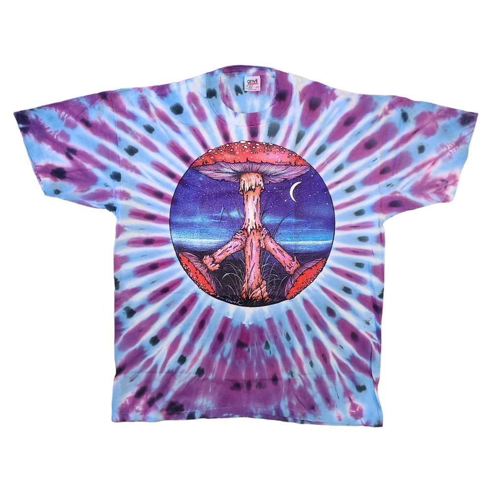 Vintage 1990s Mushroom Peace Tie Dye Shirt